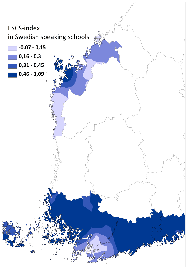 Suomenkielinen lyhennelmä Kuviosta 7 käy ilmi, että sosioekonomisesti heikoimmat ruotsinkieliset koulut sijaitsevat Pohjanmaalla, lukuun ottamatta Vaasan seutua, ja läntisellä Uudellamaalla.