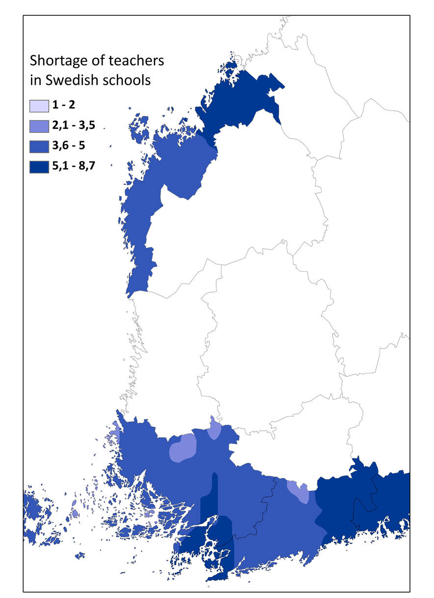 Analyser och resultat Lärarbrist: År 2009 var indexet för lärarbrist i Finland -0,42 (OECD, 2010c). Kan denna brist vara koncentrerad till de svenskspråkiga regionerna i landet (figur 18)?