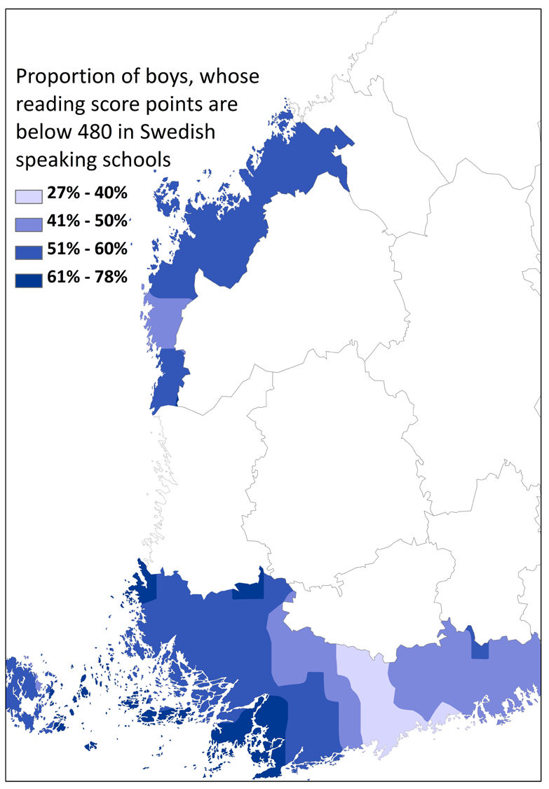 Suomenkielinen lyhennelmä Kuvio 4. Lukutaitoasteikolla alle 480 pistettä saaneiden poikien prosenttiosuus ruotsinkielisissä kouluissa, PISA 2009 Kuvio 5.