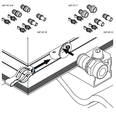 SVP-SR 22 Kontrollera klämmans position. Låsklämman får inte sitta snett. Kontrollera alltid att säkerhetsklämman sitter ordentligt kring absorbatorröret! Svetsa eller löd aldrig på kopplingarna.