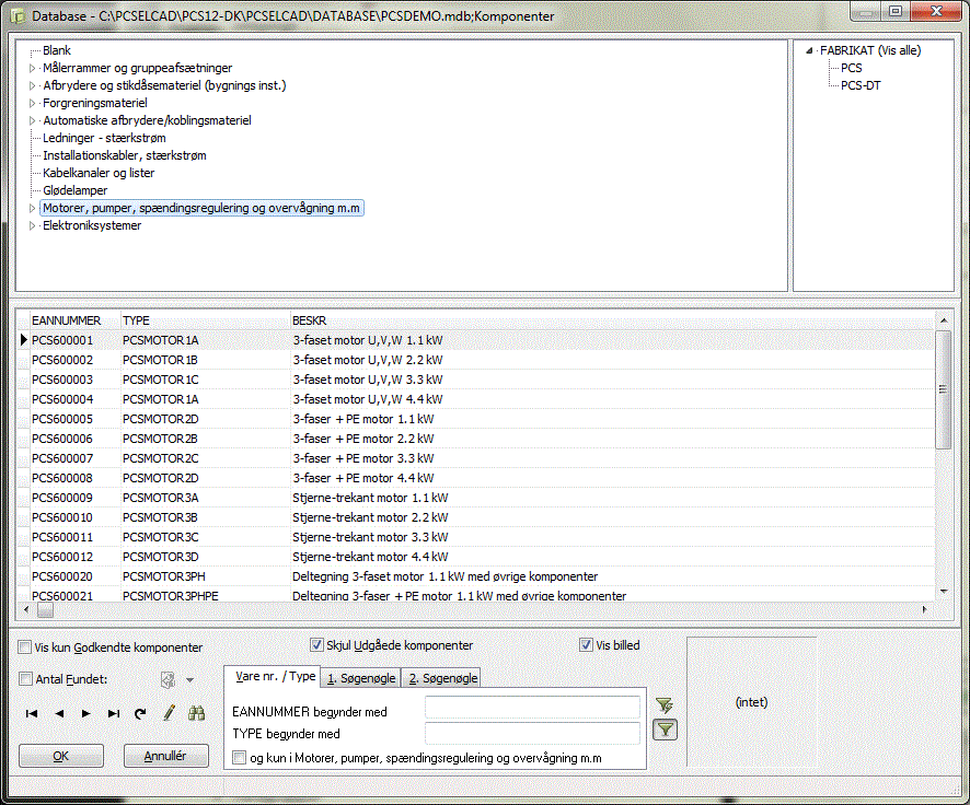 Välj varugruppen Motorer, pumpar Nu kan du se, alla de motorer, som finns i databasen.