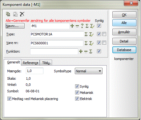 När du väljer databas-knappen, letar programmet i databasen efter de komponenter, som använder den symbolen, du har placerat ut på ritningen. Komponenter er varor, som identifieras med hjälp av.