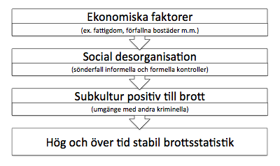 Figur 3. Den modell som Bursik (1988) använder för att förklara gängbildning och en stabil brottsstatistik över tid i utsatta områden.