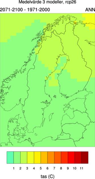 Figur 11: Beräknad förändring av årsmedeltemperaturen ( C) för perioden 2071-2100 jämfört med 1971-2000.