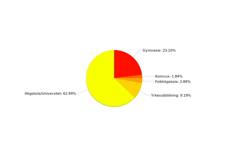 Utbildningsnivån hos respondenterna var hög. Diagrammet visar att hela 62,99 procent hade en högsta utbildningsnivå på högskola eller universitet.