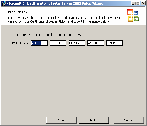 SharePoint 29 I Bild 6.5.4 visas en produktnyckel som medföljer den nerladdade filen. Klicka sedan Next. Bild 6.5.4 Bilden 6.5.5 kommer att dyka upp och där uppmanas man att ange vilken typ av databas man vill köra och vart det finns.