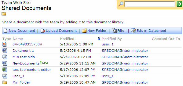 SharePoint 45 7.1.3.11 Shared Documents Delade dokument eller Shared Documents WebPart kan placeras i Home sidan.