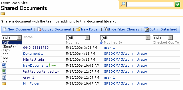 SharePoint 47 I Shared Documents kan man katalogisera filerna genom att skapa nya mappar. Dessa mappar kommer att ha samma egenskap som Shared Documents.