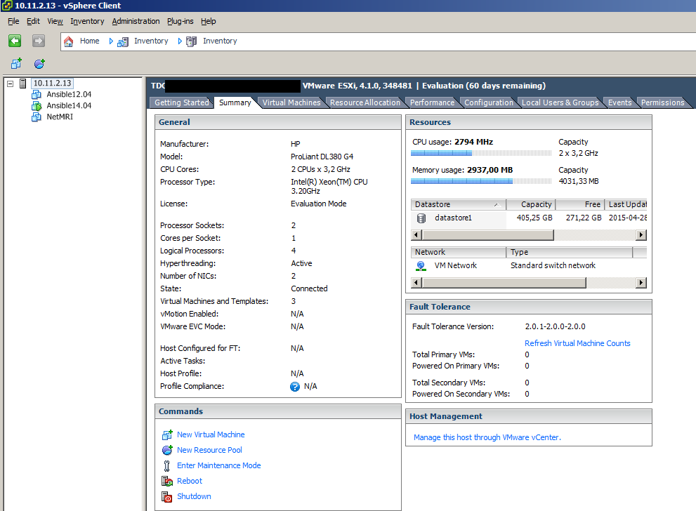 Figur 2. Bild på ESXi (WMWare) 4.1.3 Ubuntu 12.04-desktop (32-bit) Installation av Ansible Denna Ubuntu-maskin använde kernel 3.13.0 49.