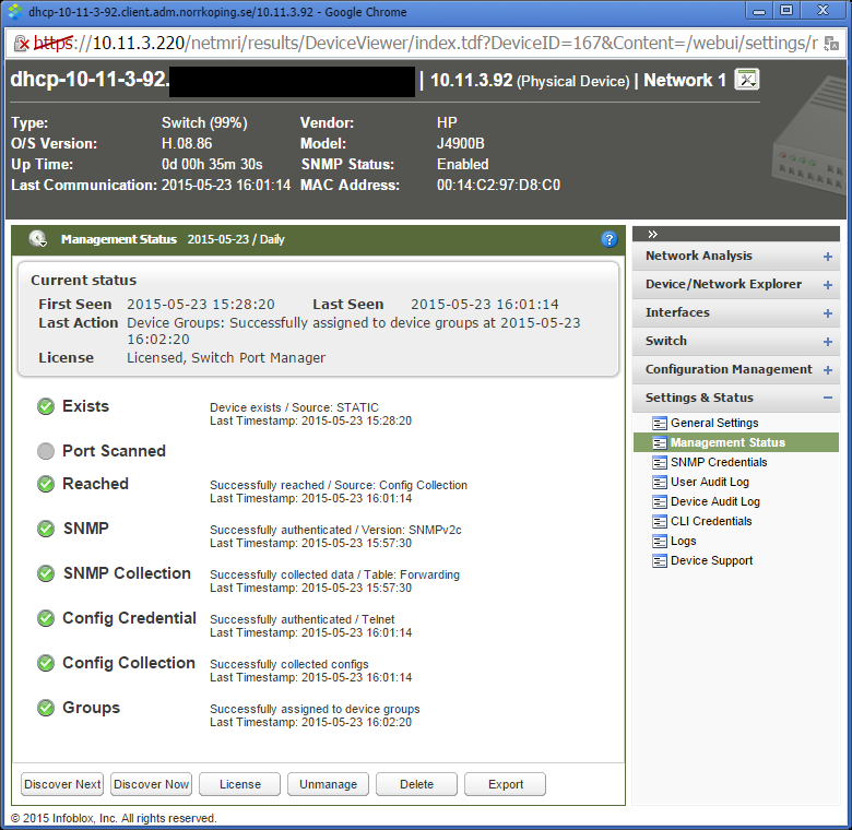 4.3.10 HP-enhet i NetMRI Följande bilder visar en HP-switch i NetMRI, detta bevisar