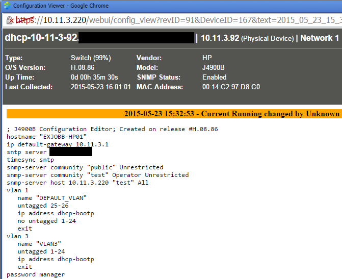 Figur 18. HP-switch running-config 4.3.11 Major update av NetMRI Under tiden examensarbetet gjordes kom det ut en ny version av NetMRI (tidigare version var 6.9.2.78747 och den nya är 6.9.3.79467).
