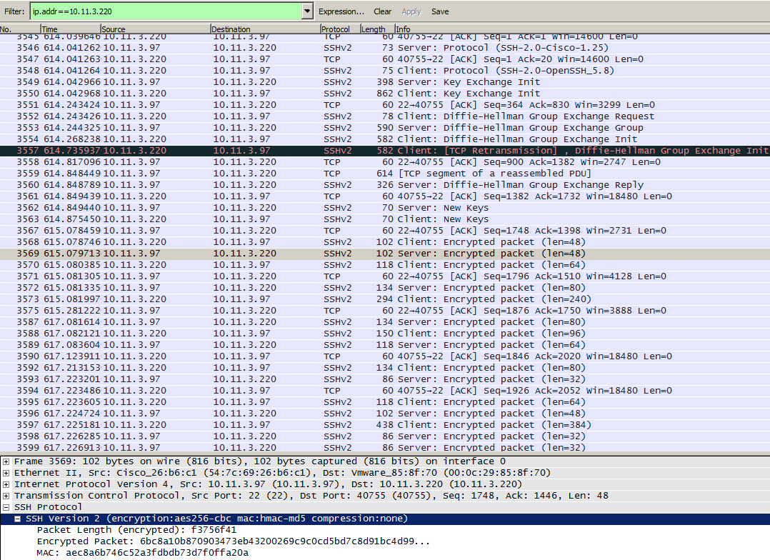 4.3.14 Resultat från Wireshark NetMRI SSH När NetMRI ska göra konfigurationsförändringar eller spara ner konfiguration från enheterna så använder sig NetMRI av SSH.