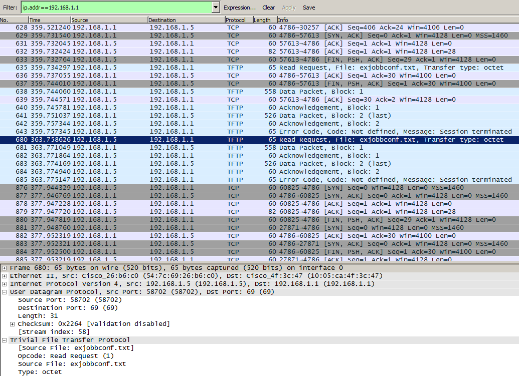 4.4.3 Wireshark Smartinstall När föregående test gjordes speglades en port för att se vilken och hur trafiken går mellan enheterna. Se Wireshark för konfiguration. 4.4.4 Resultat från Wireshark Med denna Wiresharkundersökning noterades att SmartInstall använder TCP och TFTP-protokollet.