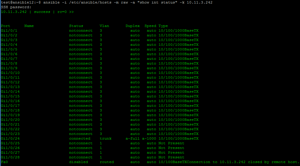 4.5.3 Skicka SNMP förfrågning från Ansible till Cisco IOS För att kunna skicka en SNMP förfrågan till ett Cisco IOS så behövs en inställning göras [31]. sudo vim /etc/ansible/ansible.