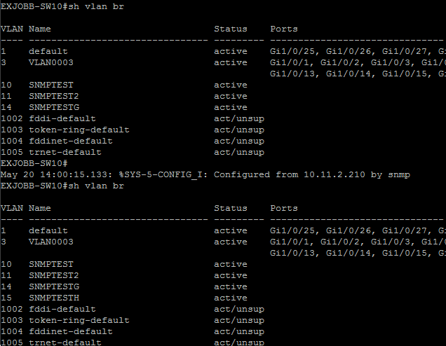 4.5.6 Skapa ett VLAN med hjälp av SNMP och Ansible med flera enheter Ett test gjordes för att se om det går att konfigurera tre stycken enheter samtidigt.