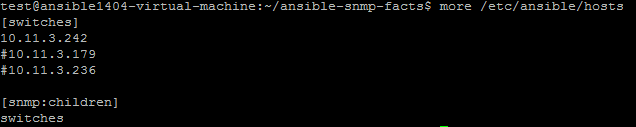 4.5.7 Samla in information om enheter Med hjälp av en Ansible-modul som heter ansible-snmp-facts (från samma skapare som användes i Skapa ett VLAN med hjälp av SNMP och Ansible) så kan Ansible spara