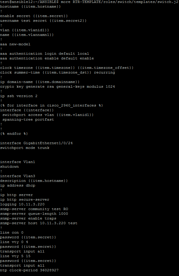 Figur 50.Template-filen (switch.j2) Notera där det står {% for interface in cisco_2960_interfaces %} (i figur 50) att en for-loop används.