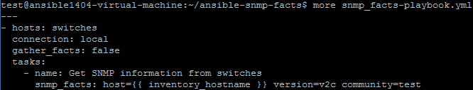 Bilaga 17 - Ansible-snmp-facts Se till att stå i den katalog som modulen ska laddas ner till och skriv följande: - git clone https://github.com/networklore/ansible-snmp-facts.