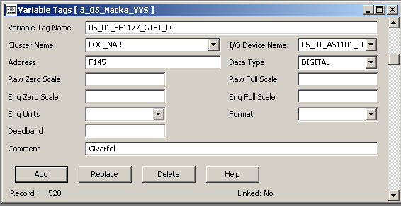 36(70) Variabler I variabeldatabaserna är alla kommunicerande datapunkter deklarerade. Filen heter variable.dbf och det finns en i respektive subprojekt. Variable Tag Name: Cluster Name: Tag-namn.