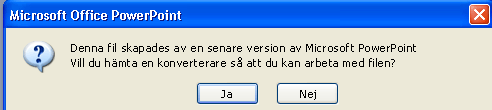 Titta i rutan Filformat i dialogrutan Spara som: Det nya filformatet används som standard. Det heter PowerPoint-presentation. (I tidigare versioner kallades filformatet Presentation.) Obs!