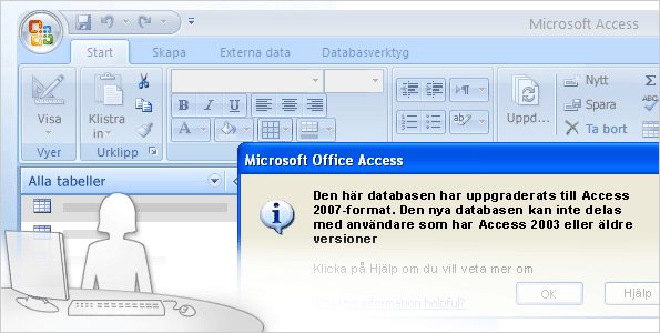 När du har uppgraderat en databas från en äldre version till Access 2010 kan du inte längre öppna den i den äldre versionen. Det nya filformatet i Access 2010,.accdb, stöder nya produktfunktioner, t.