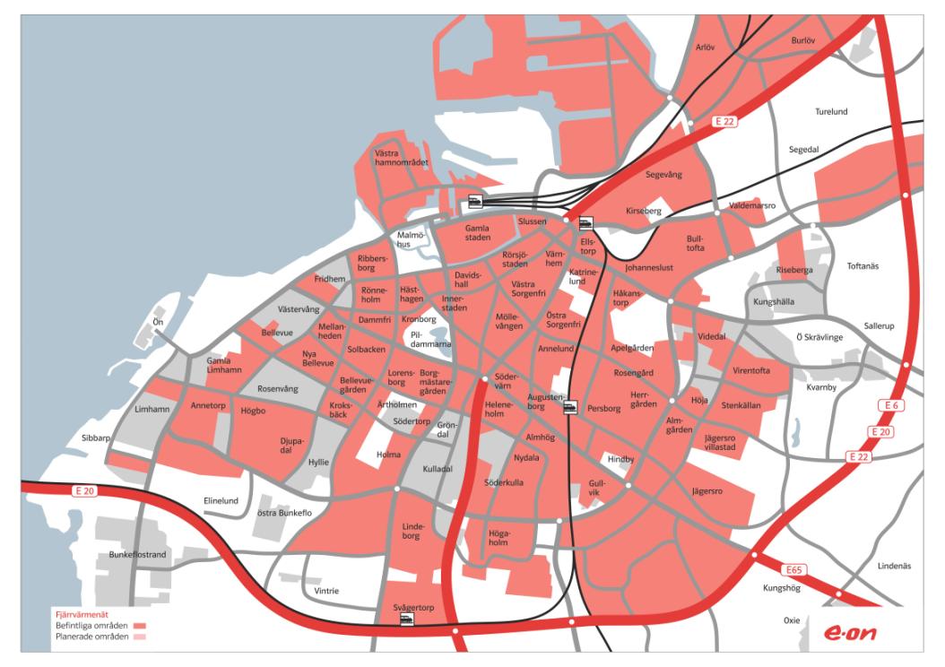 Figur 7: Bild över E.ONs fjärrvärmeproduktion. 7.1.2 Distributionsnät Fjärrvärmenätet är väl utbyggt i Malmö och Burlöv.