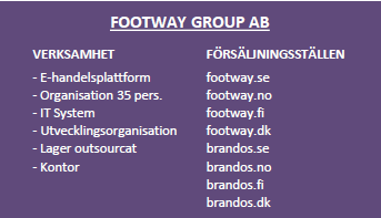 UTVALD FINANSIELL INFORMATION Till följande presenteras Footways finansiella utveckling i sammandrag för det reviderade räkenskapsåret 2013 för moderbolaget om inget annat anges och det reviderade