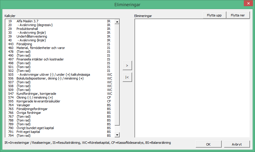 Tryck på knappen för att välja rader från kalkylen som ska elimineras.