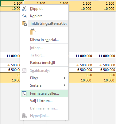 6 Formatera 6.1 Celler Man formaterar investeringskalkylernas celler med hjälp av Microsoft Excel s menyer och genvägar.