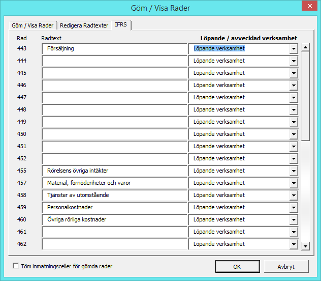 Resultaträkningens rader kan delas in i Löpande och Avvecklad verksamhet i IFRS-rapporterna genom dialogrutan Göm/Visa