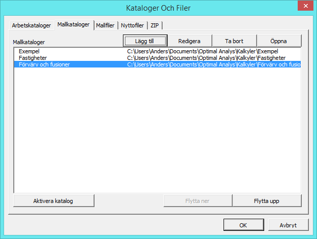 2.1.2 Mallkataloger Mallarna är modifierade Invest for Excel -filer som kan användas när man börjar en ny kalkylering.