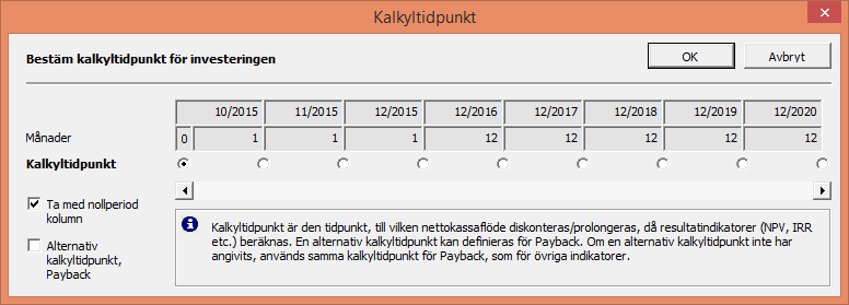 I exemplet ovan är kalkyltiden totalt 5 år och 3 månader, indelat i en 3 månaders Startfas på månadsbasis och en 5-årig Verksamhetsfas på årsbasis.