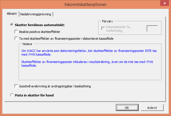 Inkomstskatter kan beräknas automatiskt eller manuellt. 3.1.2.4.1 Skatter beräknas automatiskt 3.1.2.4.1.1 Beakta positiva skatteeffekter Helhetslönsamheten för en investering/projekt/verksamhet baseras på diskonterat kassaflöde efter skatt.