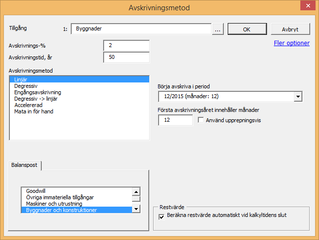 Rest -kolumnen i slutet av kalkylperioden är avsett för restvärde.