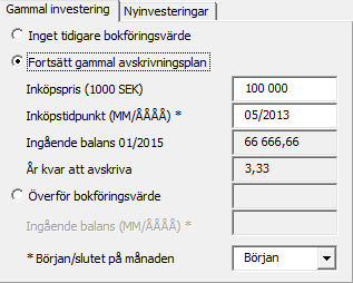 möjligt, inköpspriset på tillgångarna, förvärvsdatum, avskrivningsplan samt mata in uppgifterna i Fortsätt gammal avskrivningsplan.