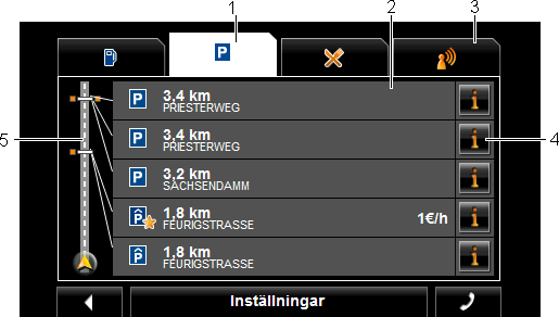 Användarmanual NAVIGON 70 Plus 70 Premium 70 Premium Live 1 I displayens överkant visas ikoner för kategorierna, där POI finns tillgängliga. Ikonen för aktuellt vald kategori är markerad.