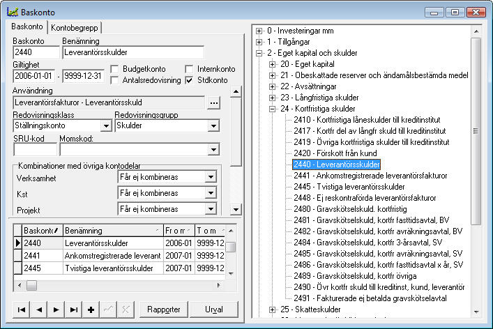 Kontoplanen Med Aveny Ekonomi följer Kyrk-BAS 2006 men änvändaren kan naturligtvis använda valfri kontoplan. Kontosträngen består av en till tio kontodelar.