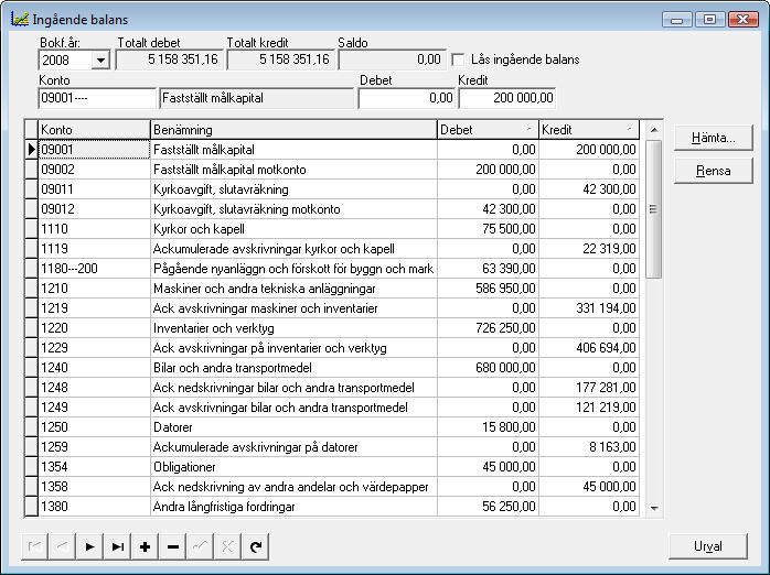 Ingående balans För varje balanskonto och bokföringsår kan ingående balans registreras i denna rutin.