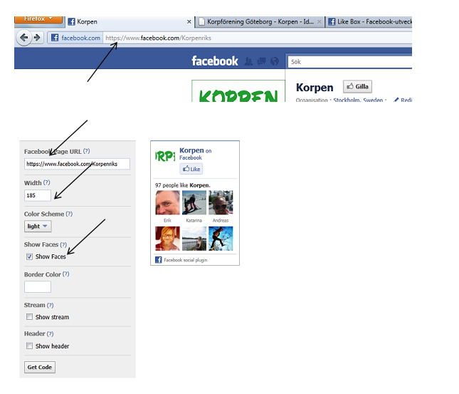 https://developers.facebook.com/docs/reference/plugins/like-box Klistra in din adress längst upp på Facebook Page URL. Width (bredd) 186 (195?) passar bra att ha på sidan på din Idrottonline sajt.