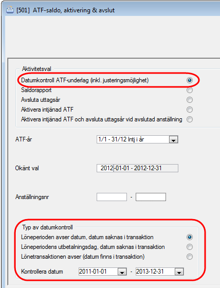 Datumkontroll vid ATF-körning När vi nu frångått datumurval mot löneperiod, krävs i stället att datum finns på alla ATF-påverkande transaktioner.