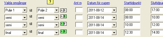 Så fungerar tidsberäkningen under huven Sid 6 2.7. Valda omgångar och tidsintervall Nedan visas ett exempel på tidsregistrering av gruppspel med 8-del, kvartsfinal, A-semi, samt A-final.