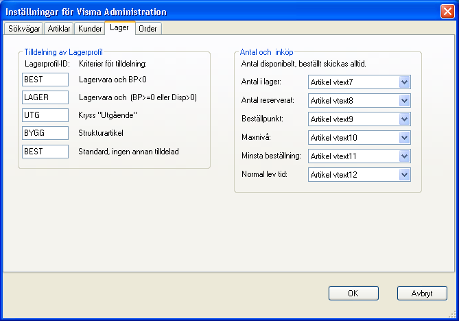 Visma Administration - Inställning av lager Figur 3.9: Inställningar i SHOPsync för att tilldela lagerprofiler på artiklar.
