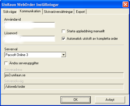 Figur 6.4: WebOrder - Kommunikation Fyll i dina användaruppgifter för Pacsoft.