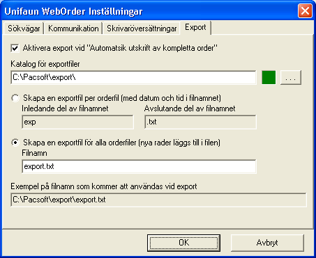 Figur 6.5: WebOrder - Export Viktigt här är att du väljer skapa en exportfil för alla order.