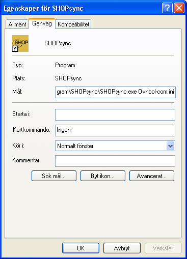 Figur 7.4: Vi har angivet att SHOPsync alltid skall öppna Ovnbol-com.ini filen när man klickar på denna genväg.