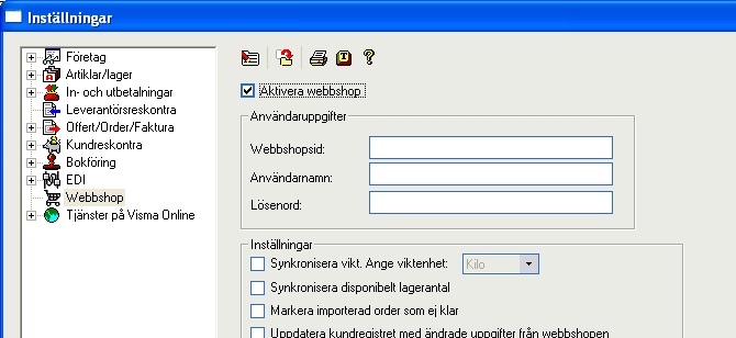 KAPITEL 3 INSTÄLLNINGAR FÖR VISMA ADMINISTRATION För att man skall kunna använda externa program (som SHOPsync) ihop med Visma Adminstration måste man köpa till produkten Visma Integration (API).