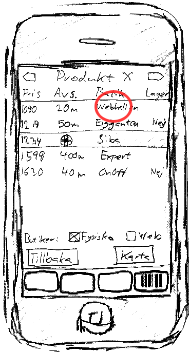 Bild 34: Användaren har nu god översikt över det lokala utbudet, och ser att Webhallen både ligger närmast och har det lägsta priset för denna produkt. Användaren trycker på raden för Webhallen.