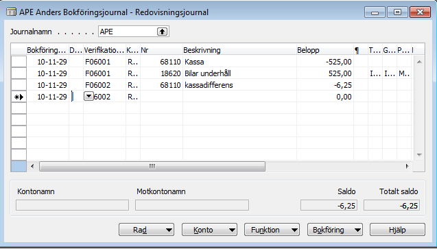 Bokföring av kassajournal I exemplet har vi använt en bilaga med två rader, se de föregående bilderna. Avstämningen visar att det ska vara en kassabehållning på 11596,25 när verifikationen är bokförd.