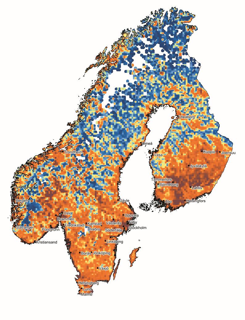 Sett till länderna som helhet är skillnaderna i andelen SH små. Genom att öka upplösningen framträder dock betydligt större inomregionala skillnader vilket Figur 5 och Figur 6 illustrerar.