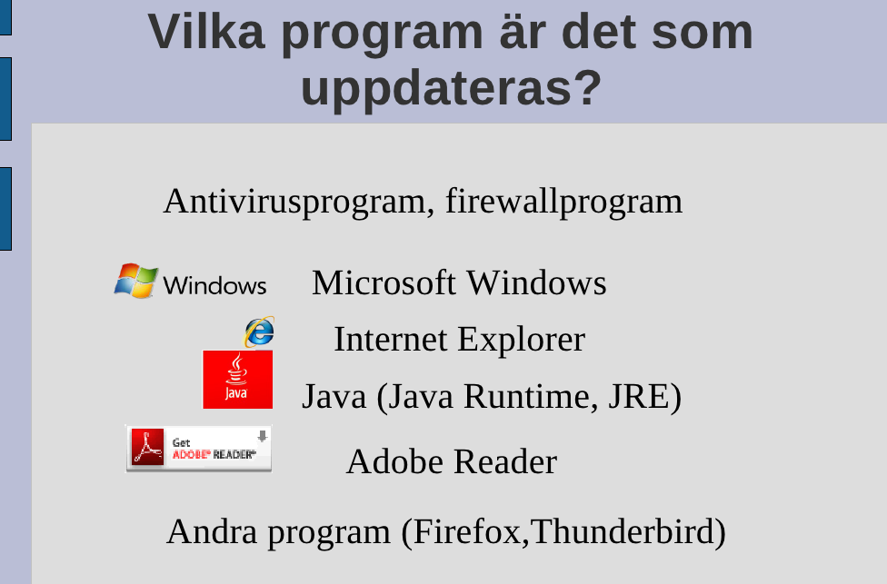 UPPDATERA. För att hålla sitt datorsystem "up to date", så fritt från fel som möjligt samt ta del av nyheter bör man med jämna mellanrum uppdatera det. Vi ska skilja på Uppdatera och Uppgradera.